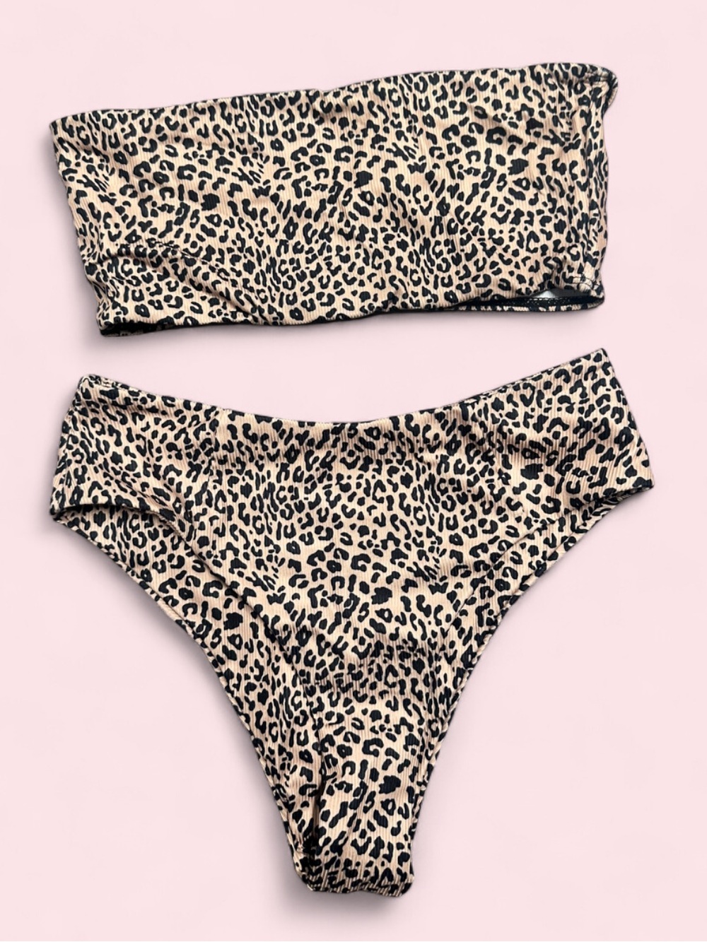 Leopard Print Bandeau Bikini Set - Neutral Beige & Black